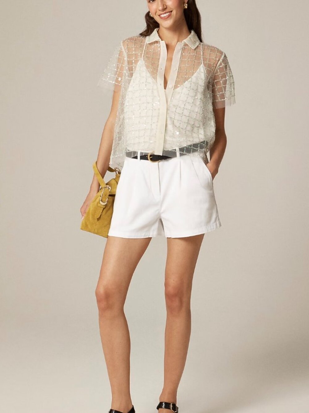 J. Crew Embellished button-up short-sleeve shirt Size 14 Sequin Cream - Picture 3 of 7